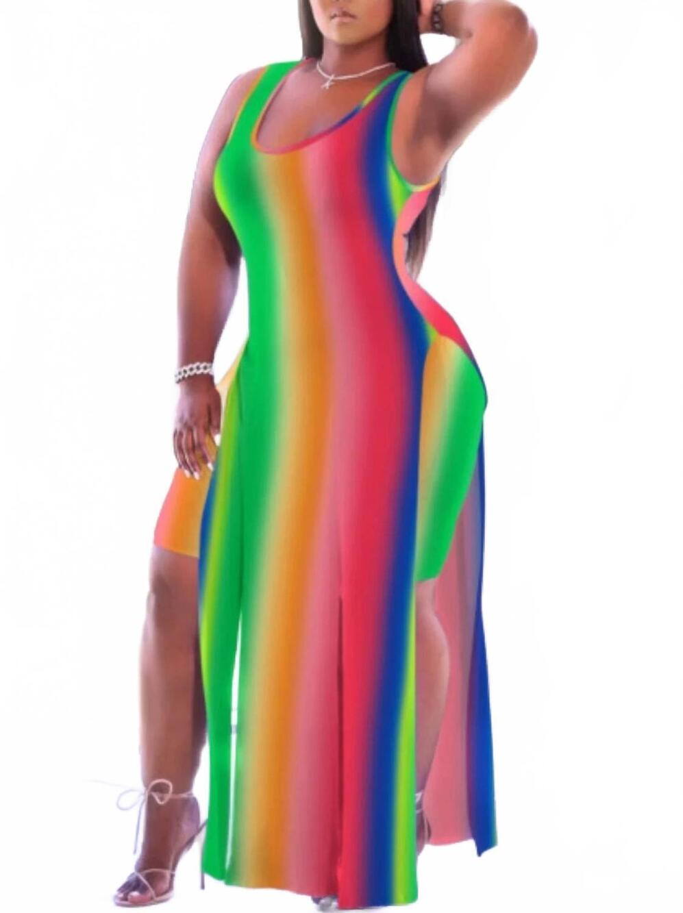 NEW LOVELY stripe split multicolor two-piece shorts set in reign rainbow